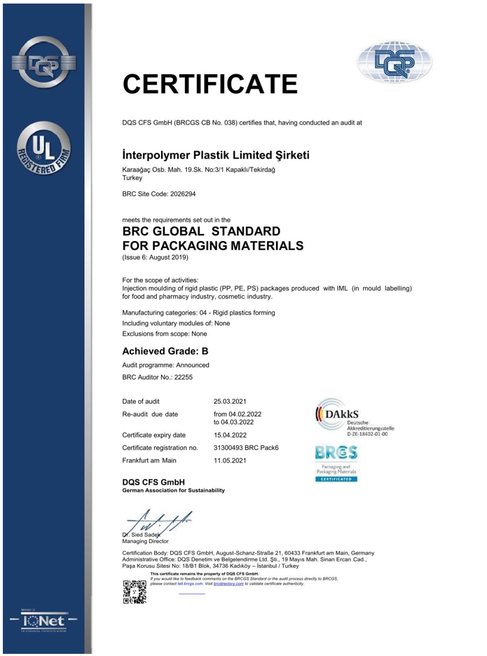 CERTIFICATES OF BRC, ISO 9001:2000